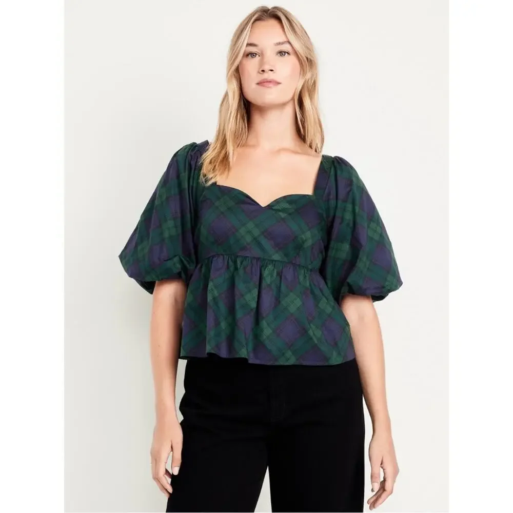 Old Navy green plaid Puff-Sleeve Plaid Poplin Peplum Top